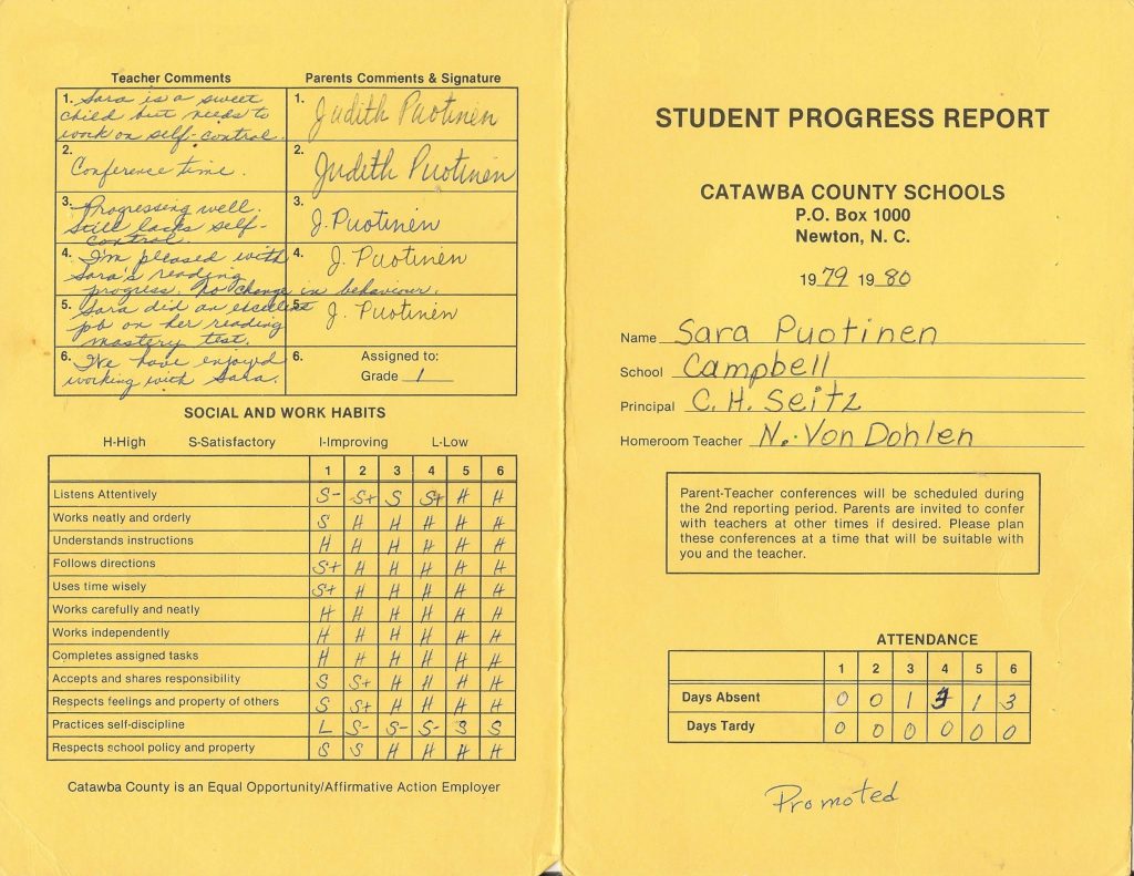 kindergarten report card, front/back